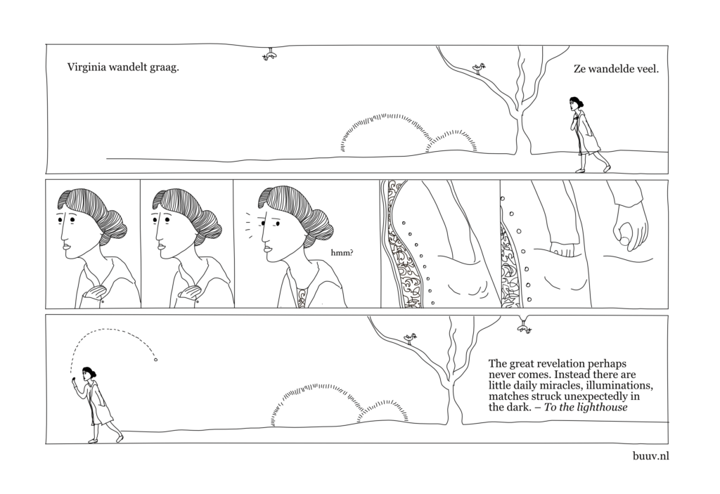 virginia woolf comic, black and white drawing, 8 panels